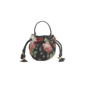 Pompa Rosa Jacquard Floral Print Drawstring Top Handle Bag  Black Small